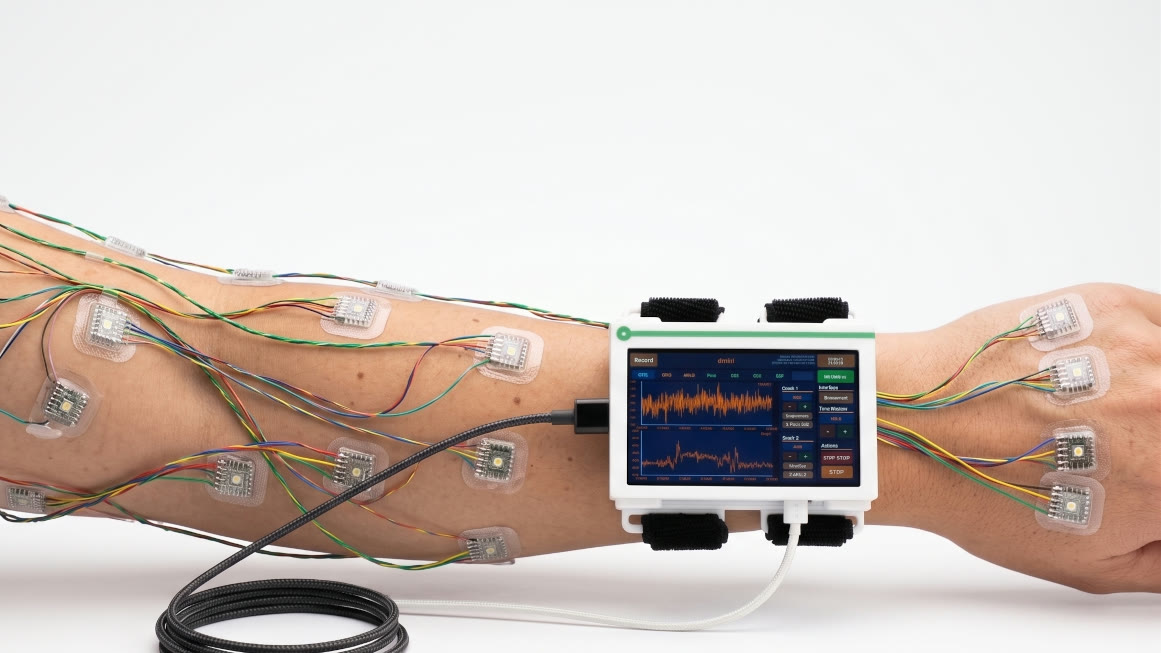 Wearable Neureflect sensor patches on a forearm during development